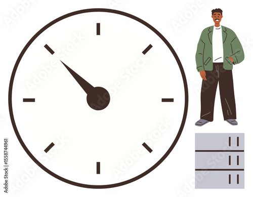 Clock face indicating time passing, a standing man, and checklist blocks. Ideal for time management, productivity, organization, planning, deadlines, scheduling simple flat metaphor