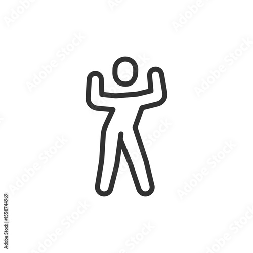 Person dancing with arms up, linear icon. Celebration or energetic dance pose. Line with editable stroke.