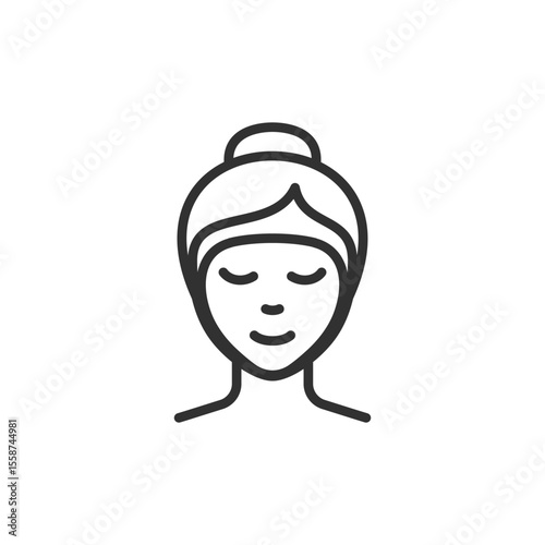 Woman with facial mask, linear icon. Skincare and cosmetic treatment. Line with editable stroke.