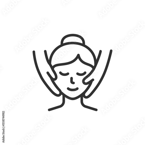 Woman receiving facial massage, linear icon. Spa treatment and skincare procedure. Line with editable stroke.