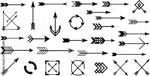 Collection of various black arrow designs and direction indicators on a white background surface
