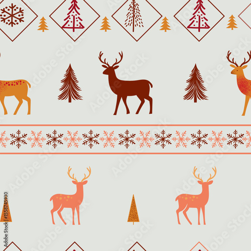 Vintage reindeer in winter forest among pine trees linear minimalistic vector seamless pattern. Winter wonderland deer background. Merry Christmas surface design for gift wrapping paper.