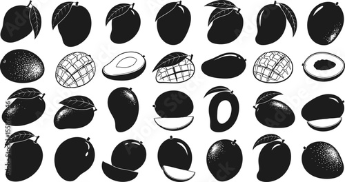 A variety of black and white mango illustrations in different styles and arrangements on white background