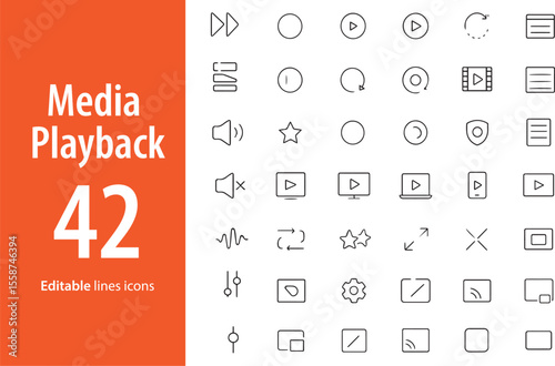 Media Playback Line Icons, Play, Pause, Stop, Rewind, Forward, Volume, Playlist, Audio Waveform, and More , Editable Formats: AI, EPS, JPG, PNG , Ideal for Both Digital and Print Use