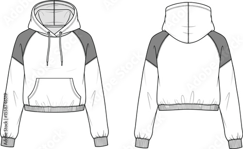 Women's Fashion Flat Sketch: Trendy Cropped Hoodie, Raglan Sleeves, Drawstring Hood, Kangaroo Pocket, Ribbed Hem and Cuffs, Technical Drawing Apparel Illustration, Modern Streetwear Design