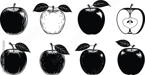A set of eight apple illustrations in black and white with varying styles and presentation of fruit