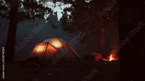 Glowing Camping Tent in Dark Forest with Campfire Light Creating Cozy Atmosphere for Outdoor Adventure Enthusiasts and Nature Lovers Under Starry Night Sky Surrounded by Tall Pine Trees