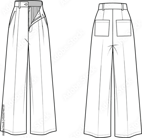 Women's Fashion Flat Sketch: Wide-Leg High-Waisted Pleated Trousers, Contemporary Casual Chic Pants, Front and Back Views, Apparel Design Technical Drawing, Modern Style Illustration.
