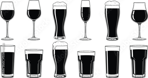 A collection of various stylized glasses filled with dark liquid on a white background art drawing