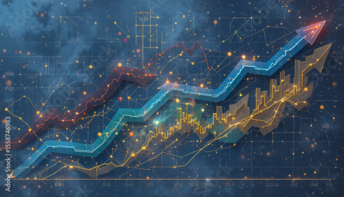 Financial growth shown with an upward trend line, demonstrating business analytics and economic data, market forecasting, and stock performance.