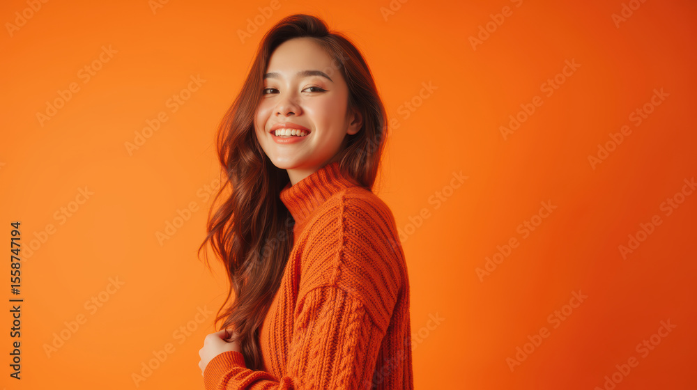 Fototapeta premium Bright smile, cozy sweater, vibrant background, cheerful expression, warm tones, stylish look