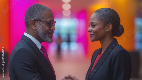 In brightly lit school hallway, principal and teacher engage in firm handshake, representing teamwork and strong educational leadership in positive environment