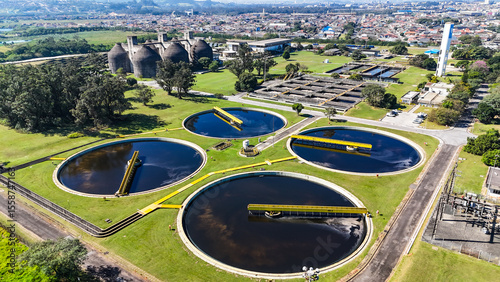 Aerial view of sedimentation tanks and decanters used in the sanitation process in an industrial wastewater treatment plant