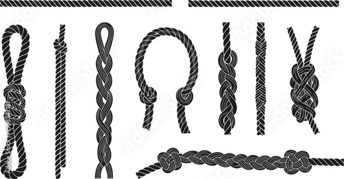 A collection of various black and white rope illustrations with different knots and formations shown