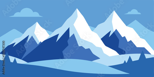 Vector illustration of a cold winter mountain landscape with snow-capped peaks and an alpine sky