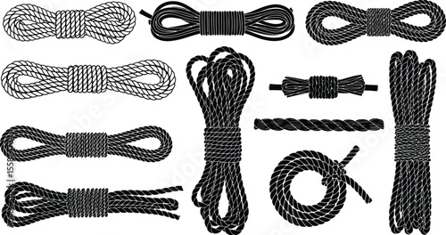 An illustration showing different types of rope in various arrangements and styles on a white background