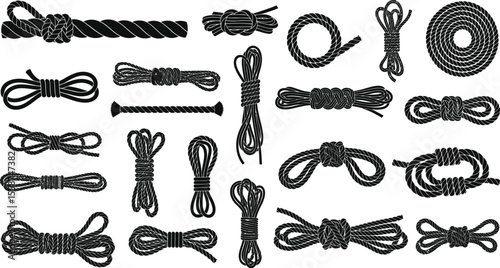 A collection of black and white rope illustrations showing various knots and rope arrangements neatly displayed