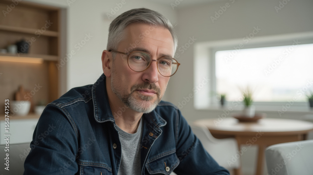 Thoughtful man with glasses sits in modern living space, showcasing relaxed atmosphere and stylish decor Thoughtful man with glasses sits in modern living space, showcasing relaxed atmosphere and stylish decor