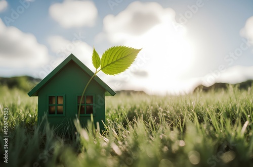 The image portrays a conceptual representation of a green home and modern environmentally friendly construction. It includes a house icon placed on a lush green lawn, with the sun shining overhead