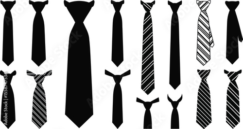A collection of black and white tie illustrations in various styles and sizes on a white background
