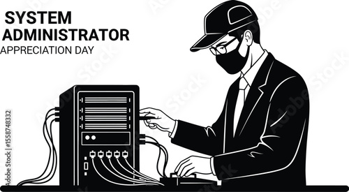 System administrator wearing mask working on server with system administrator appreciation day text