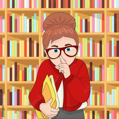 Vector illustration of a red-haired girl with glasses, holding books and placing a finger to her lips for quiet, in front of a bookshelf. Ideal for education or library stock imagery.