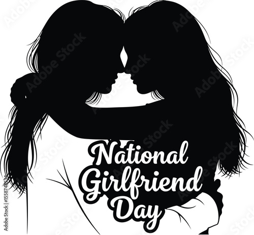 Silhouette of two women embracing with national girlfriend day text on a white background