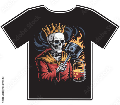 Skeleton King with Piston and Flaming Fuel T-Shirt Design – Hot Rod Biker Royalty Apparel