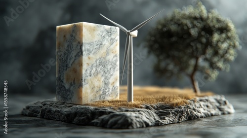 Abstract background with stone block and wind turbine, useful for presentations about renewable energy and innovation.
