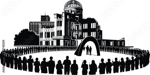 Illustration of peace memorial with people holding candles in a circle formation view