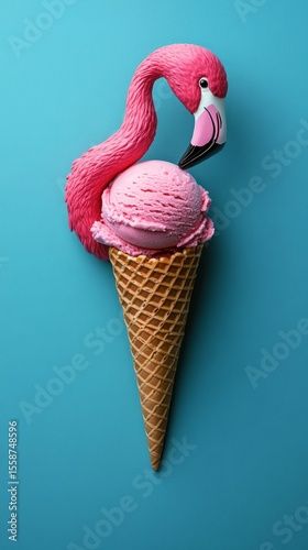 Pink flamingo with ice cream ball on a waffle cone, abstract background. Perfect for advertising desserts and summer events.