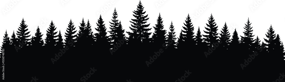 Obraz premium Silhouette of a forest landscape with evergreen trees against a white background in a simple design