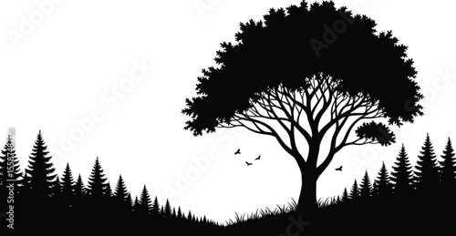 Silhouette of a large tree with birds flying and pine trees in the background on a white background
