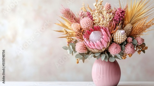 Bright bouquet with a variety of flowers and dried flowers in pastel colors, useful for decorating interiors and events.