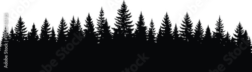 Silhouette of a forest landscape with evergreen trees against a white background in a simple design