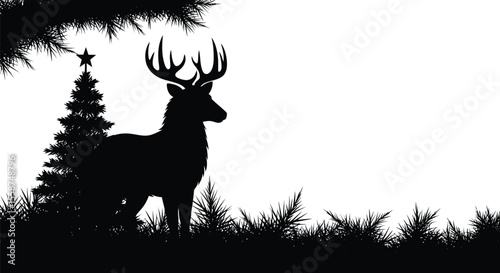 Silhouette of a deer standing near a christmas tree with a star on top in a winter scene design