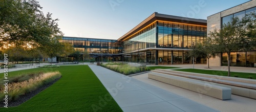 Architectural Excellence, Modern Office Building with Green Spaces at Twilight