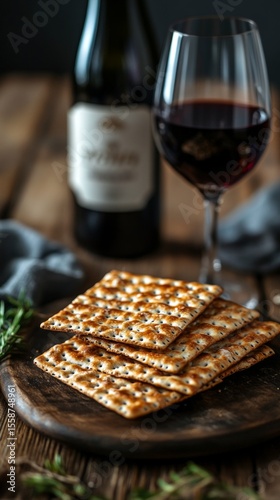 Red wine glasses and matzo on a wooden board. Useful for cooking blogs and holiday articles.