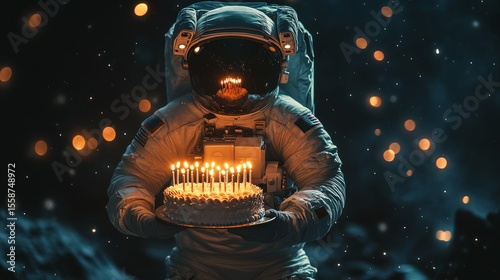 Astronaut in space holding cake with candles, reflection in helmet. Useful for holiday and space exploration themes.
