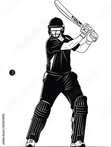 A cricket player in batting stance with helmet and pads ready to hit the ball in black and white art