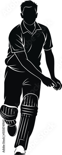 A silhouette of a cricket bowler in action preparing to deliver the ball on a white background