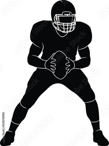 Silhouette of american football player holding football in a ready stance on a white background