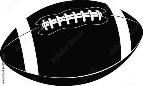 A black and white graphic illustration of an american football with laces and stripes design style