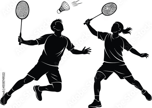 Two silhouettes playing badminton with rackets and a shuttlecock in a dynamic action pose on white