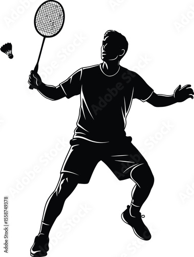 Silhouette of a badminton player with racket hitting shuttlecock on a white background illustration