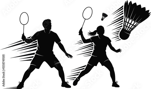 Silhouettes of badminton players with rackets and shuttlecocks in dynamic action shot illustration