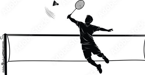 Silhouette of a badminton player hitting a shuttlecock over the net in a dynamic action pose on white