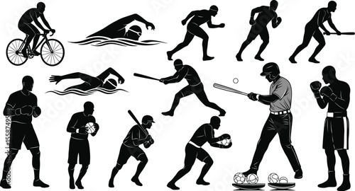 A collection of black and white silhouette illustrations of various sports figures in action poses shown