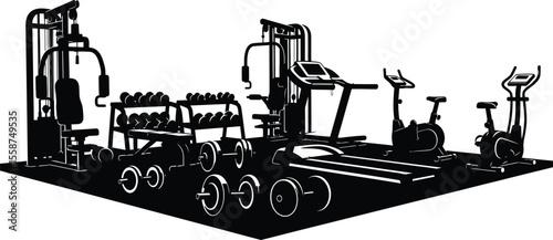 A black and white illustration of a gym with various equipment including weights and cardio machines