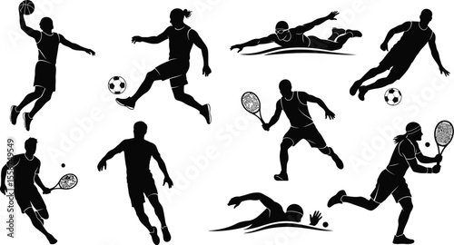 Silhouettes of people playing various sports including basketball soccer tennis and swimming activities